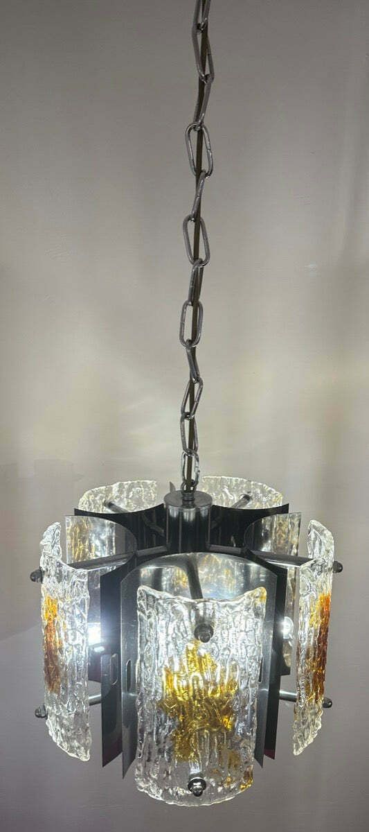1960s Italian Mazzega Polished Chrome & Murano Textured Clear & Amber Glass Pendant Hanging Light photo Lighting