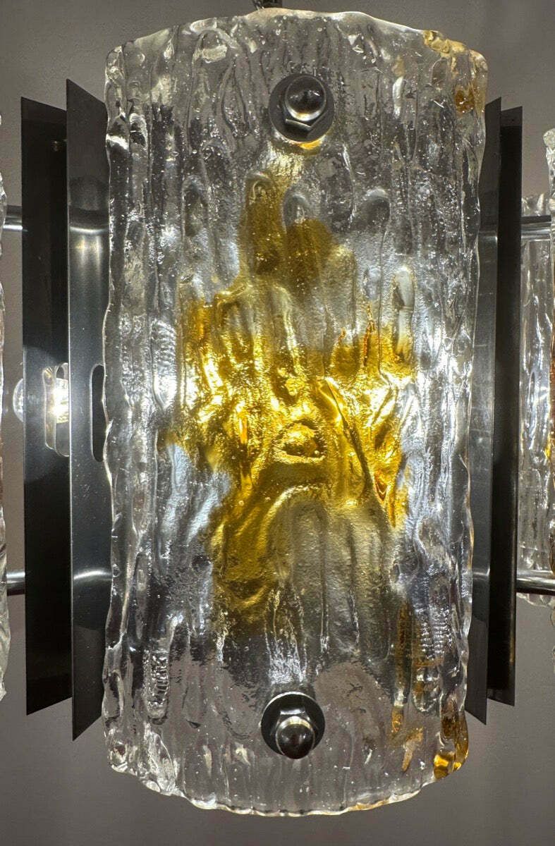 photo furniture 1960s Italian Mazzega Polished Chrome & Murano Textured Clear & Amber Glass Pendant Hanging Light