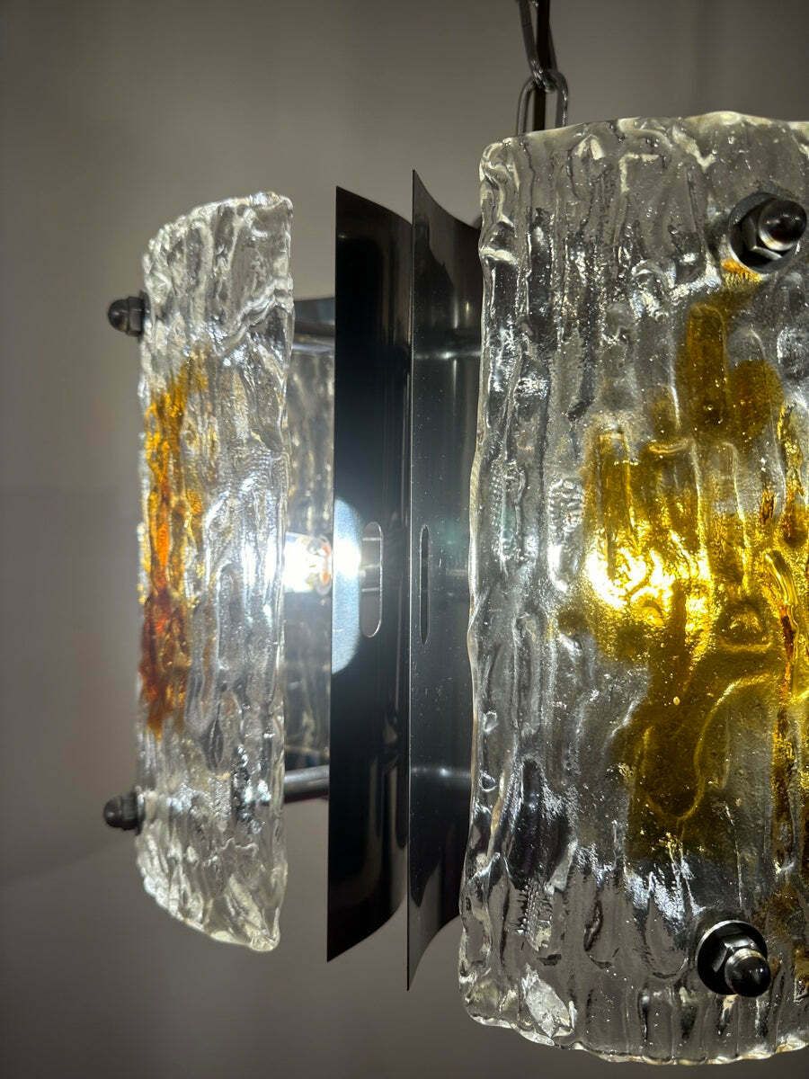 photo for sale 1960s Italian Mazzega Polished Chrome & Murano Textured Clear & Amber Glass Pendant Hanging Light