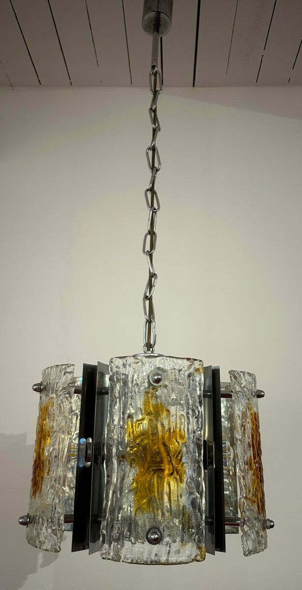 800.0 1960s Italian Mazzega Polished Chrome & Murano Textured Clear & Amber Glass Pendant Hanging Light photo