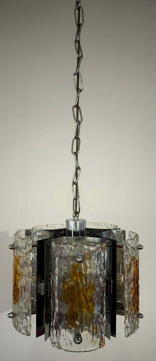 photo vinterior 1960s Italian Mazzega Polished Chrome & Murano Textured Clear & Amber Glass Pendant Hanging Light