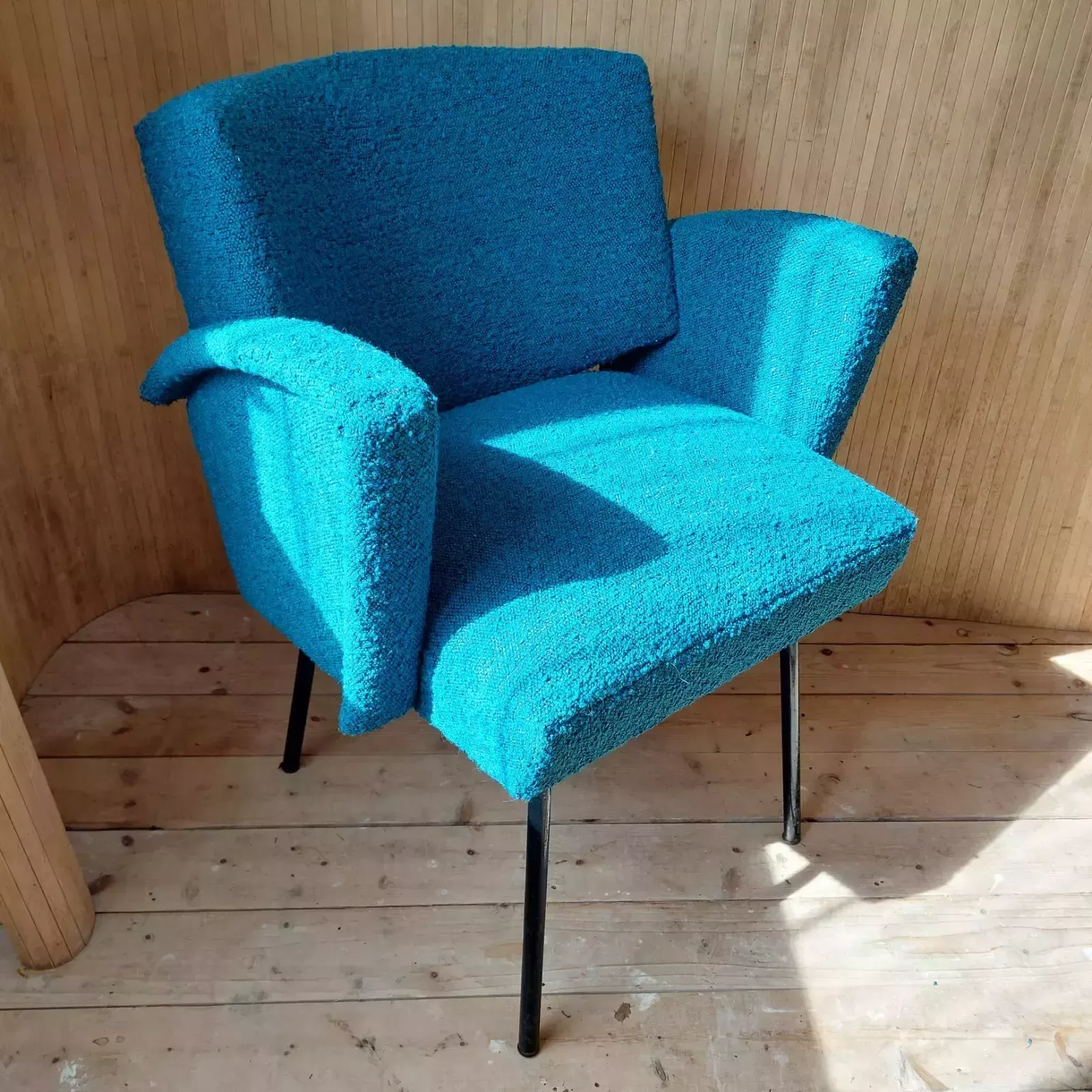 Fab Vintage Mid Century Modern French Metal Side Tub Chair Teal & Black Boucle photo furniture