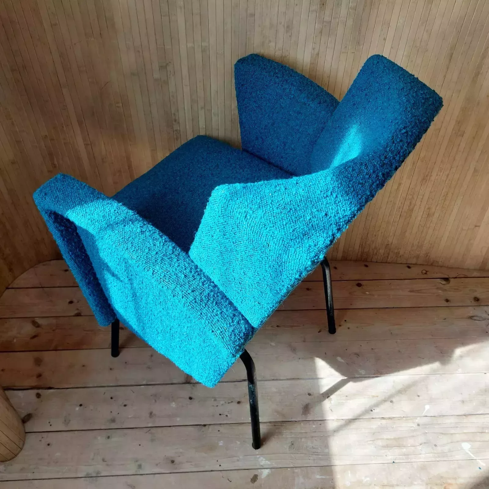 Fab Vintage Mid Century Modern French Metal Side Tub Chair Teal & Black Boucle photo vintage