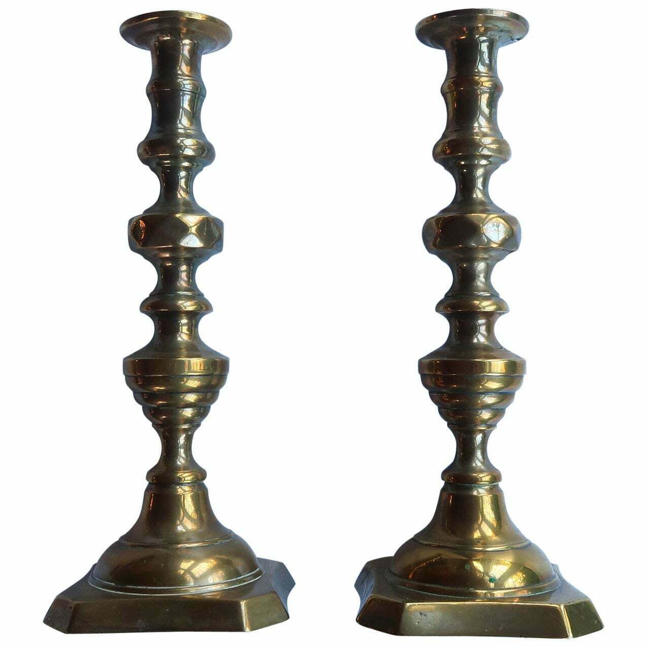 Large Pair Of Antique Brass Candlesticks. English, 19th Century