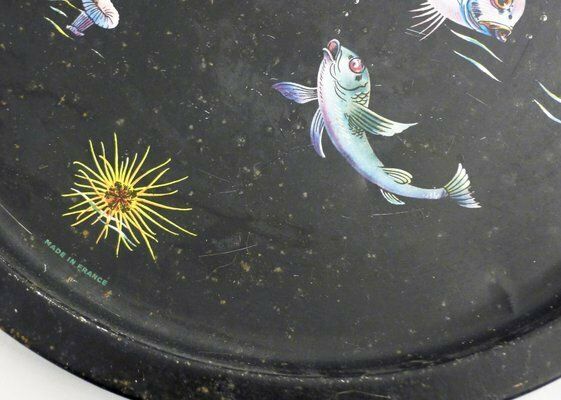 Round Tray Decorated With Fish & Anemones In Metal By Lefevre, France, 1960s photo 69.0
