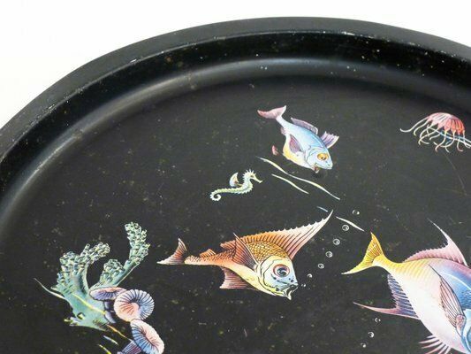 Round Tray Decorated With Fish & Anemones In Metal By Lefevre, France, 1960s photo vintage