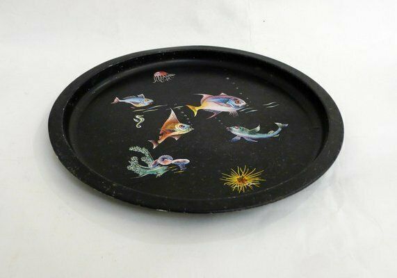 photo for sale Round Tray Decorated With Fish & Anemones In Metal By Lefevre, France, 1960s