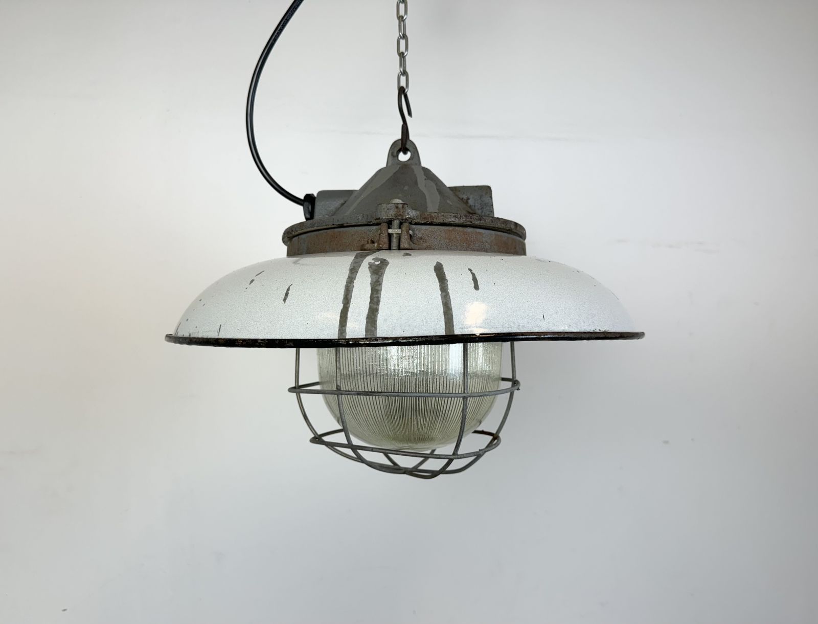 Industrial Grey Enamel Factory Cage Pendant Lamp In Cast Iron From Zaos, 1960s, 8x photo Lighting