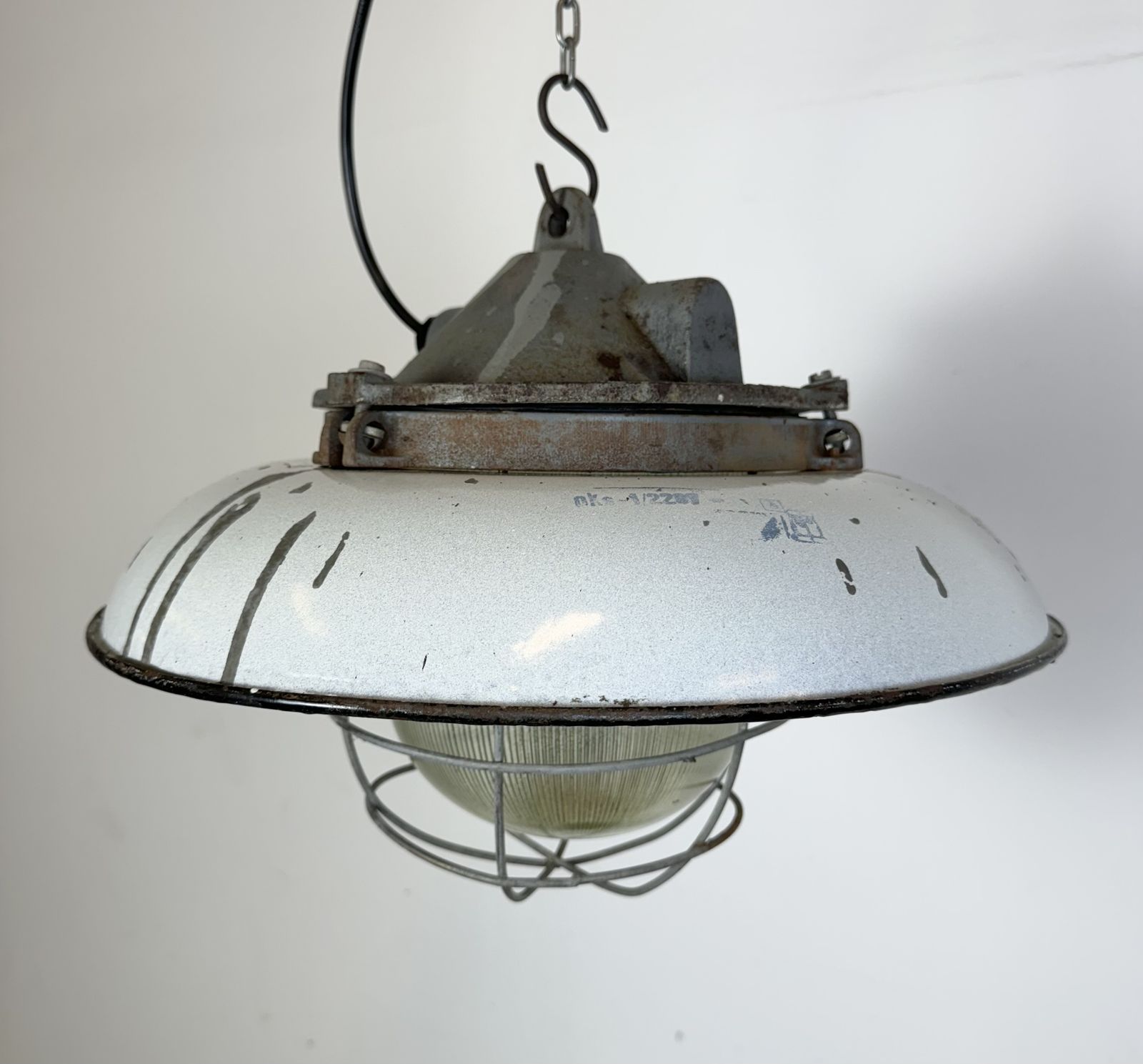 199.0 Industrial Grey Enamel Factory Cage Pendant Lamp In Cast Iron From Zaos, 1960s, 8x photo