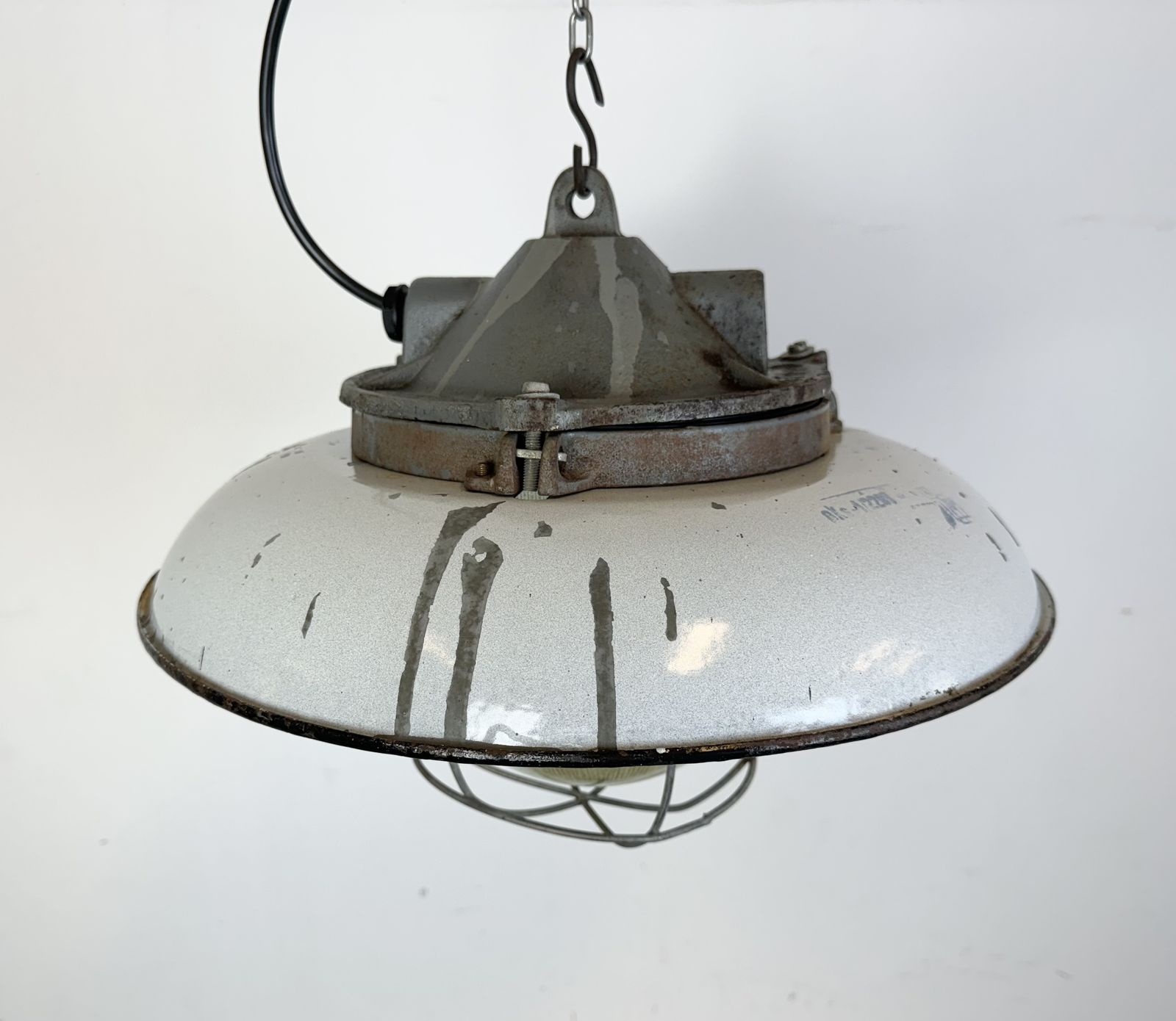 photo vintage Industrial Grey Enamel Factory Cage Pendant Lamp In Cast Iron From Zaos, 1960s, 8x