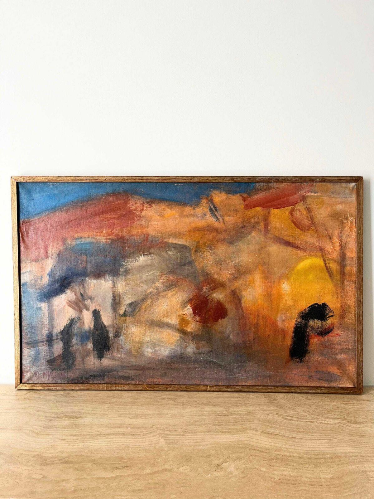 Large Mid Century Abstract Oil On Canvas Painting, Vintage Original Art Framed In A Minimal Wooden Frame
