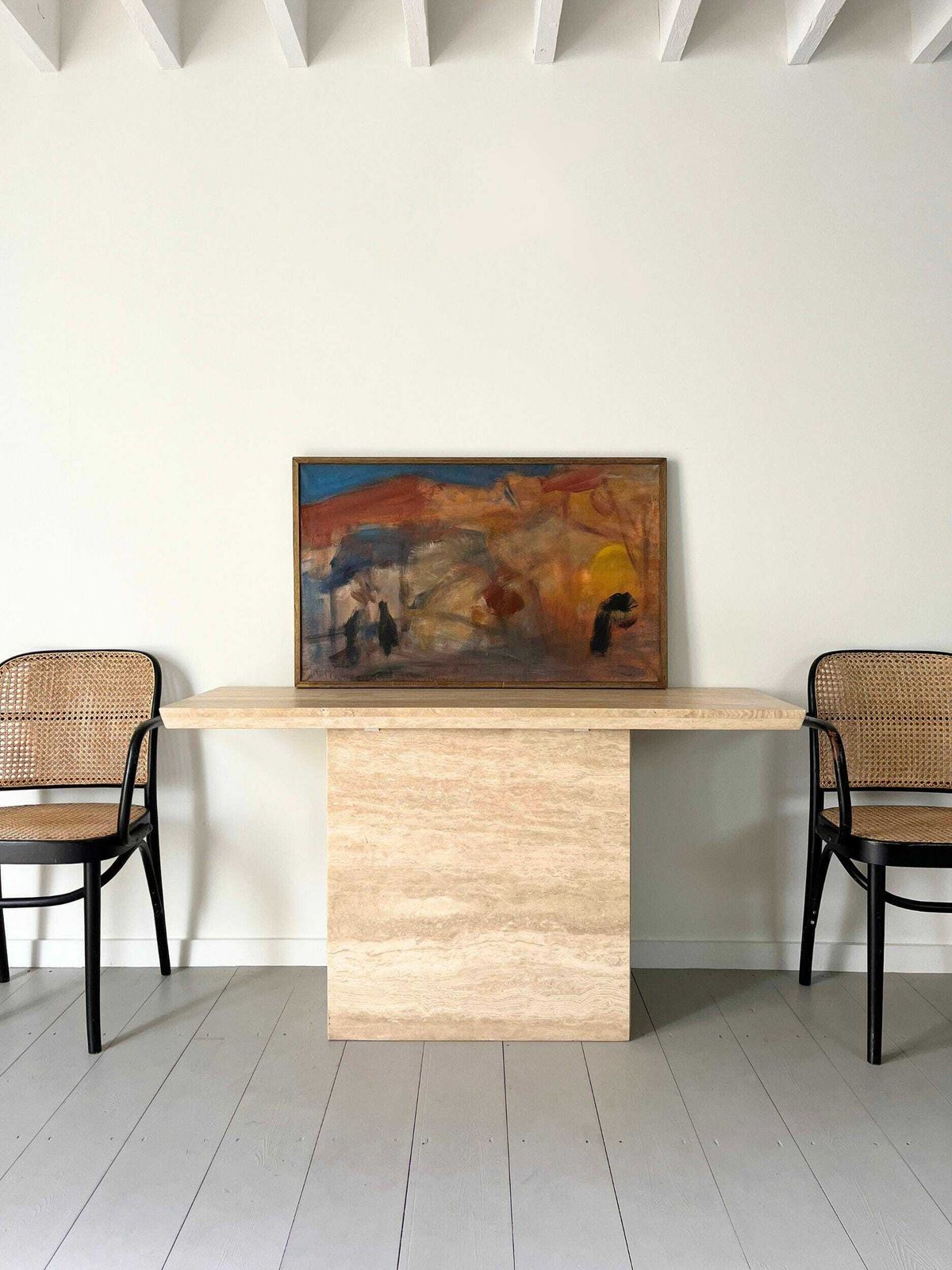 Large Mid Century Abstract Oil On Canvas Painting, Vintage Original Art Framed In A Minimal Wooden Frame photo 3550.0