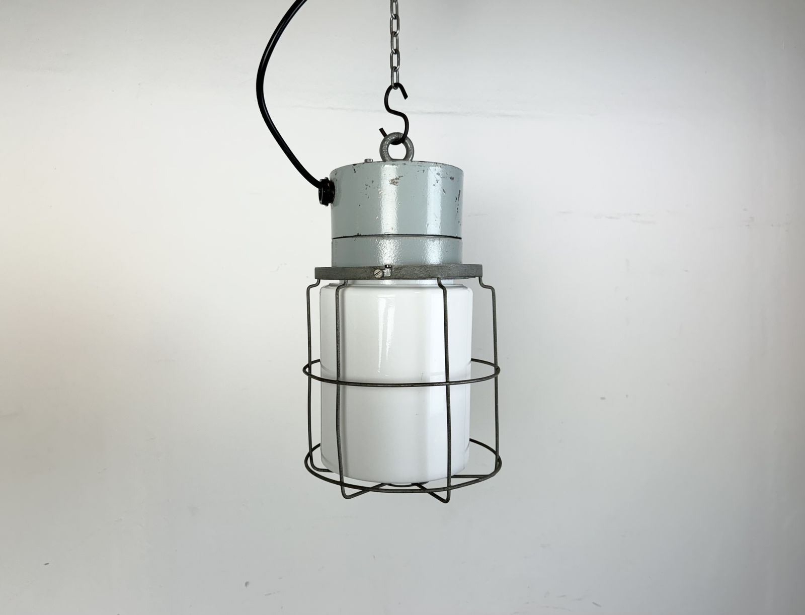 Industrial Aluminium Cage Light With Milk Glass From Elektrosvit, 1970s photo 179.0