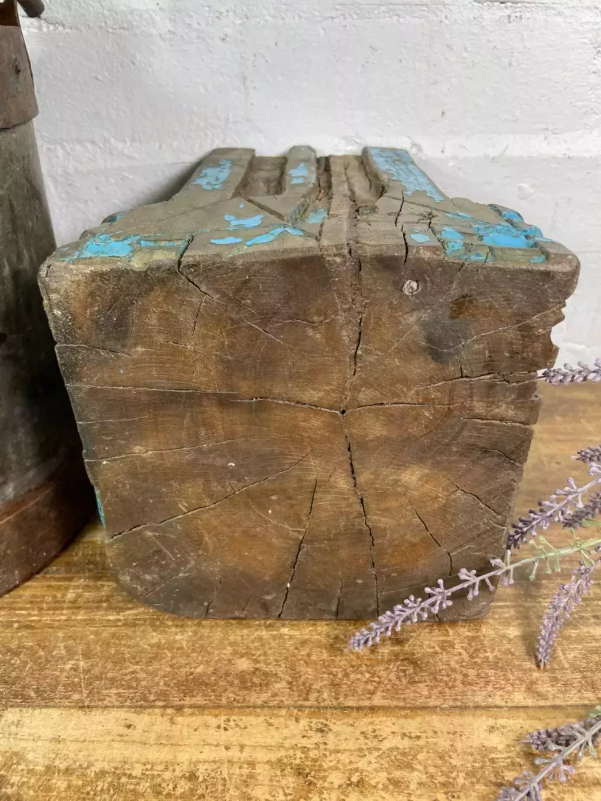 photo for sale Vintage Reclaimed Hand Carved Indian Wooden Pillar Base Candle Holder Plinth