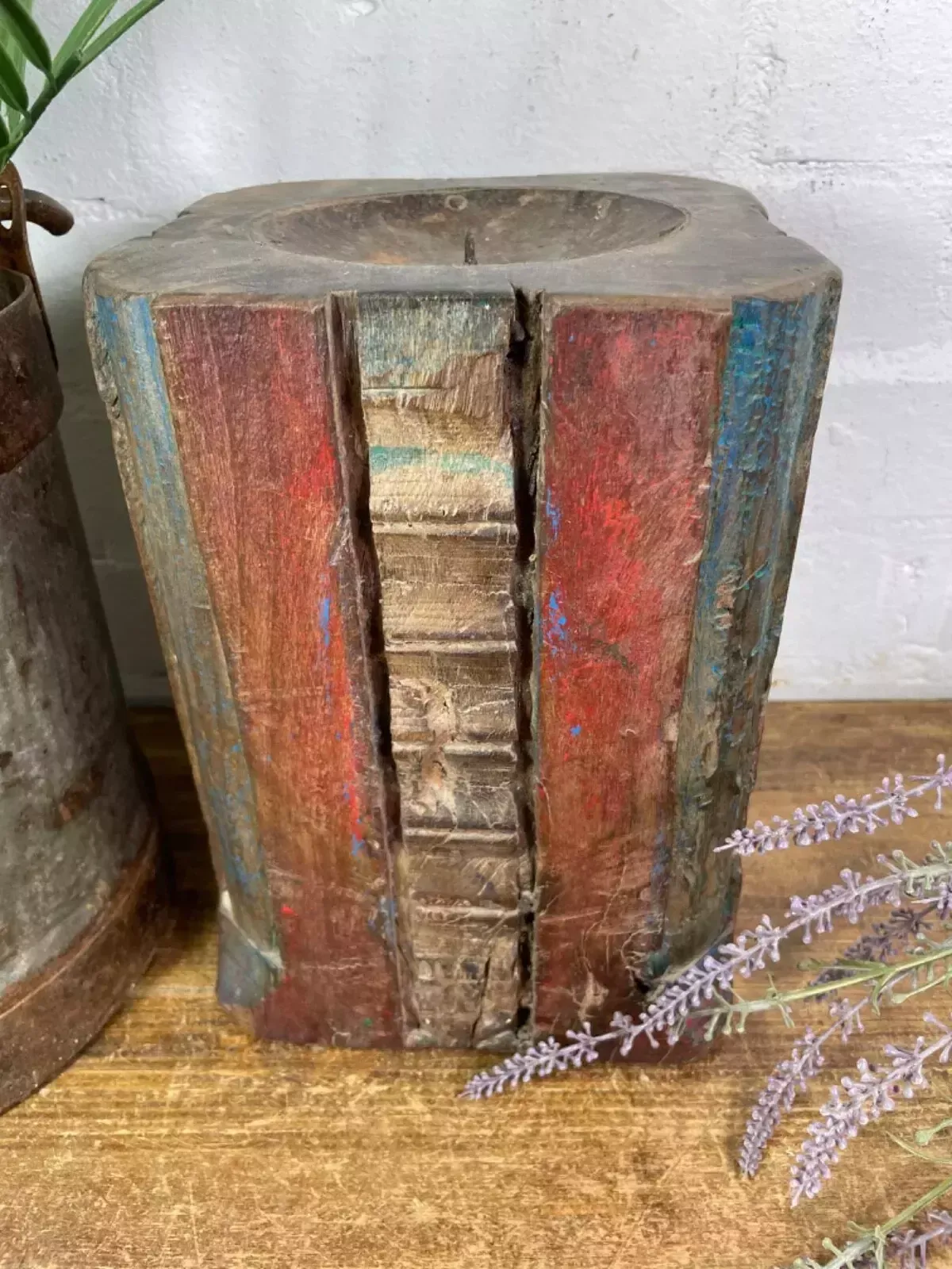 Vintage Reclaimed Hand Carved Indian Wooden Pillar Base Candle Holder Plinth photo vinterior
