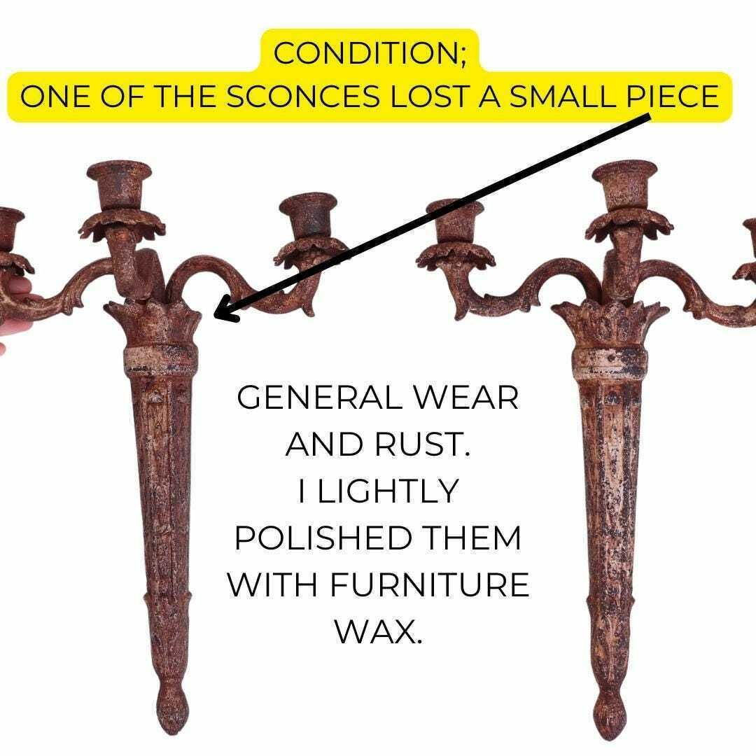 Empire Style French Cast Iron Wall Candle Sconces With 3 Arms Pair. Distressed Wall Sconces photo for sale