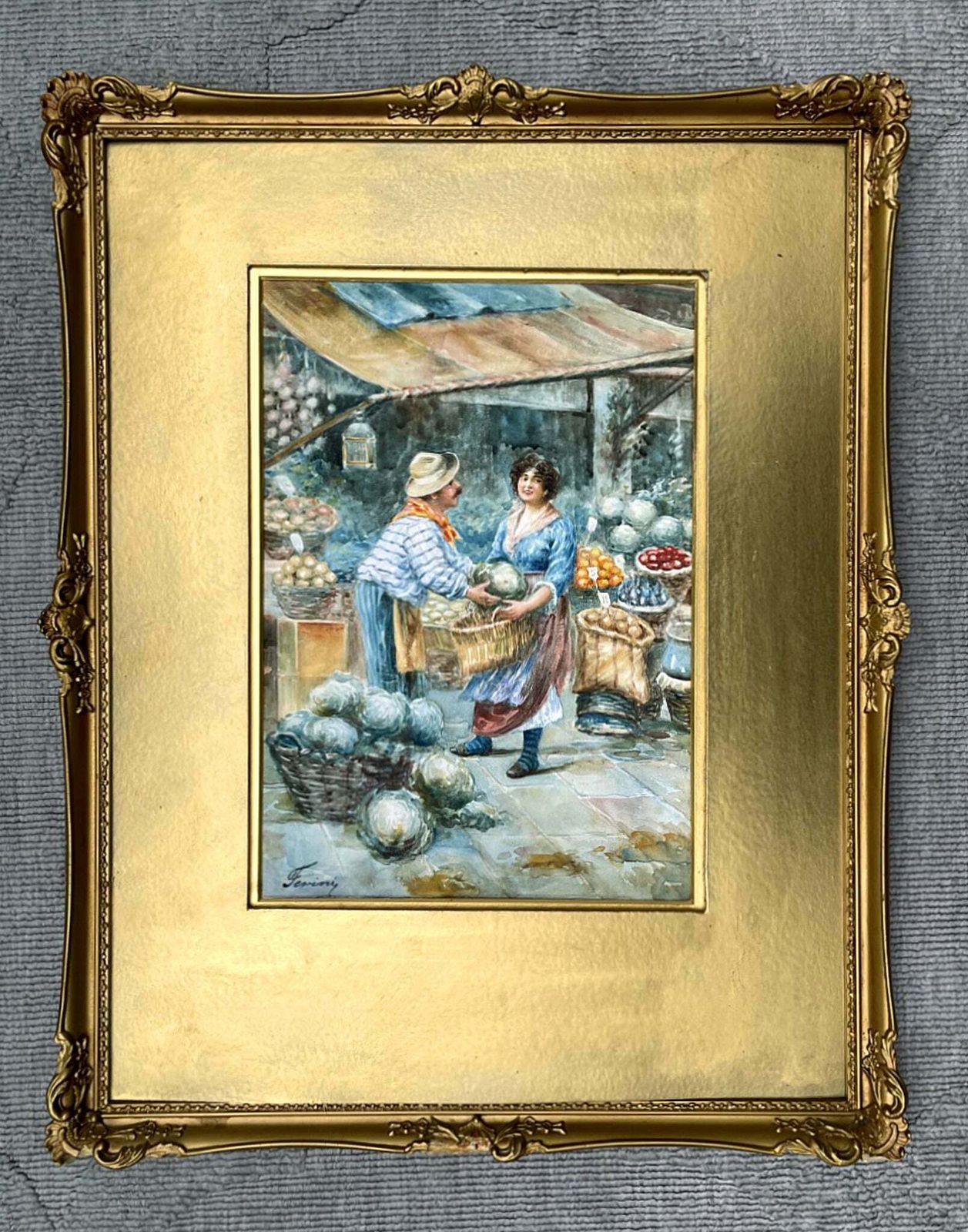 Beautiful Edwardian Italian School Watercolour   "Day At The Market