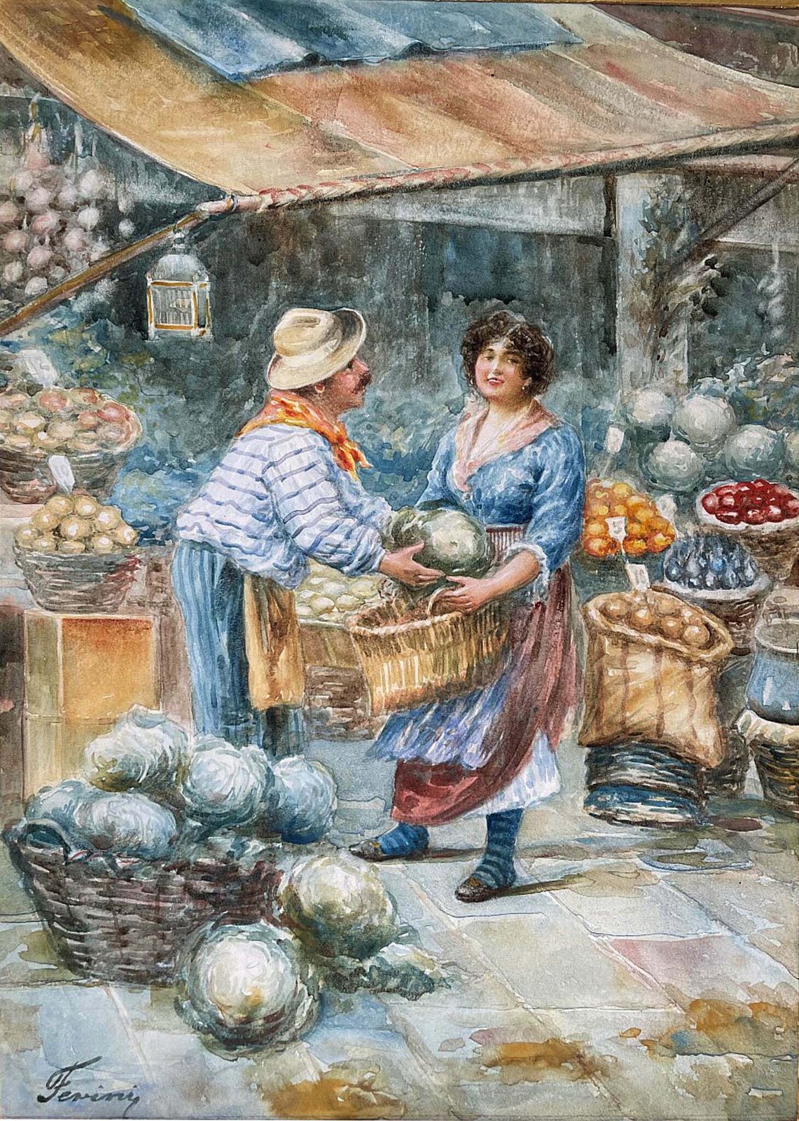 Beautiful Edwardian Italian School Watercolour   "Day At The Market photo furniture