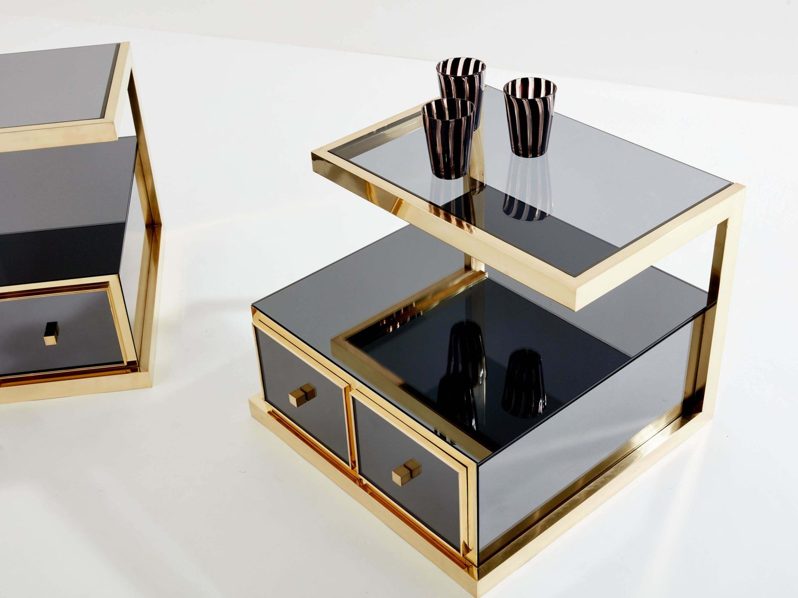 photo for sale Pair Of Michel Pigneres Smoked Mirrored And Brass Side Tables 1970s