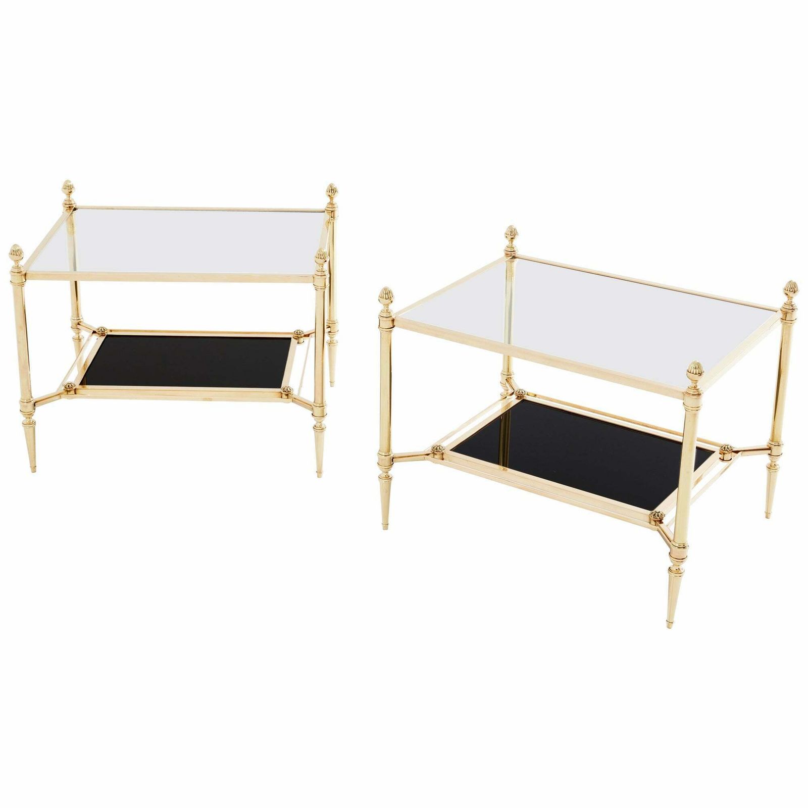 Tables d'appoint Maison Jansen à deux plateaux en laiton et verre opaline, années 1970