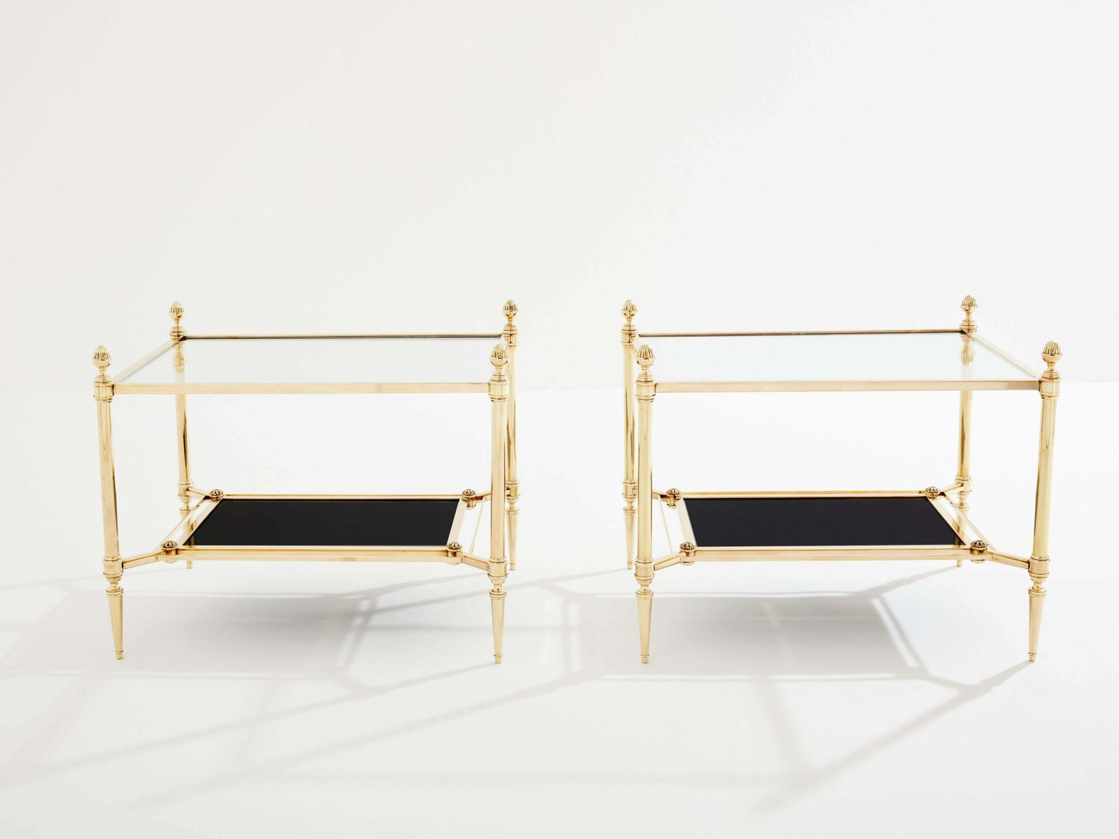 Maison Jansen Two Tier Brass Opaline Glass End Tables 1970s photo furniture