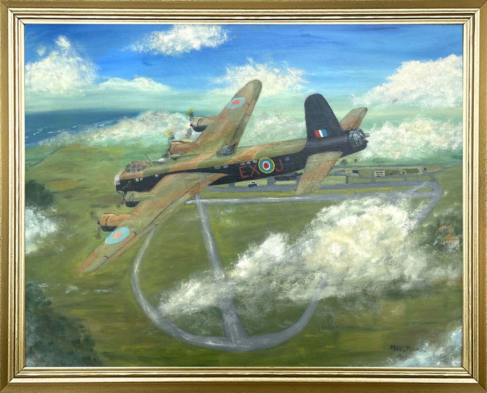 Fine Vintage Oil On Board Portrait Of A Wellington Bomber In Flight photo for sale