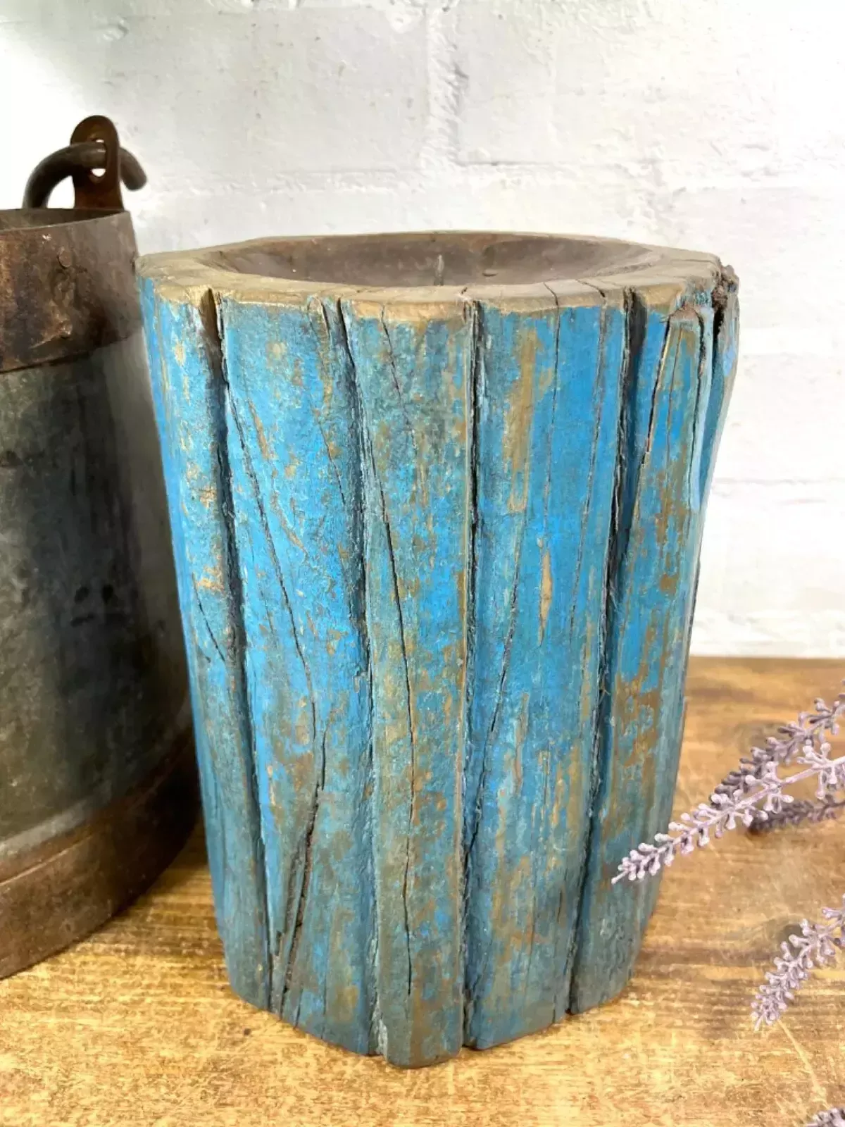 Vintage Reclaimed Hand Carved Indian Wooden Pillar Base Candle Holder Plinth photo vinterior