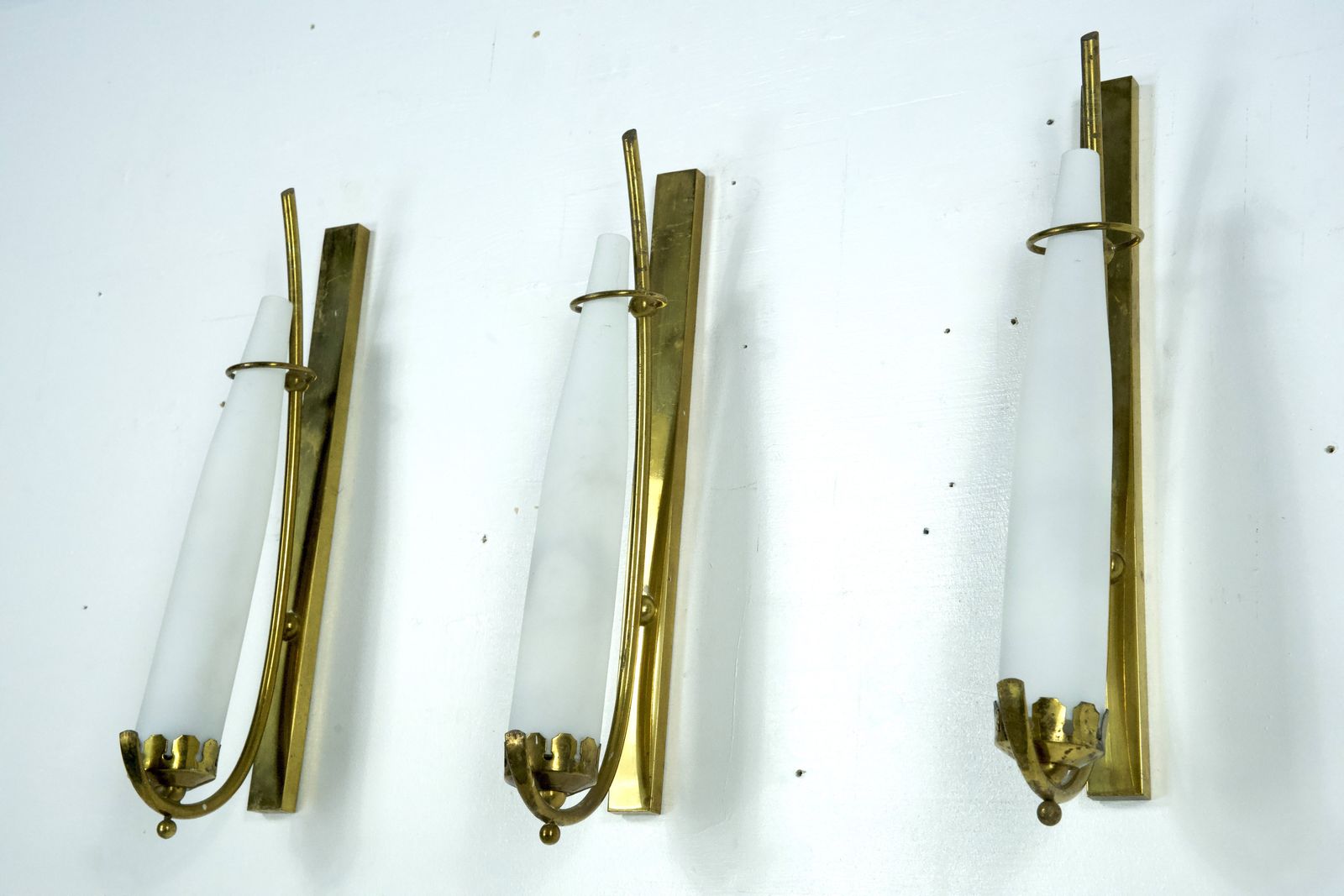 Set Of Three Sconces In Brass And Triplex Opaline Glass In Arredoluce Manner. Italy 1950s photo 1950.0