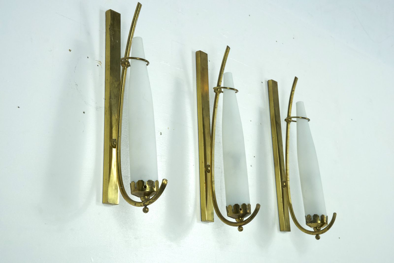 Set Of Three Sconces In Brass And Triplex Opaline Glass In Arredoluce Manner. Italy 1950s photo vinterior