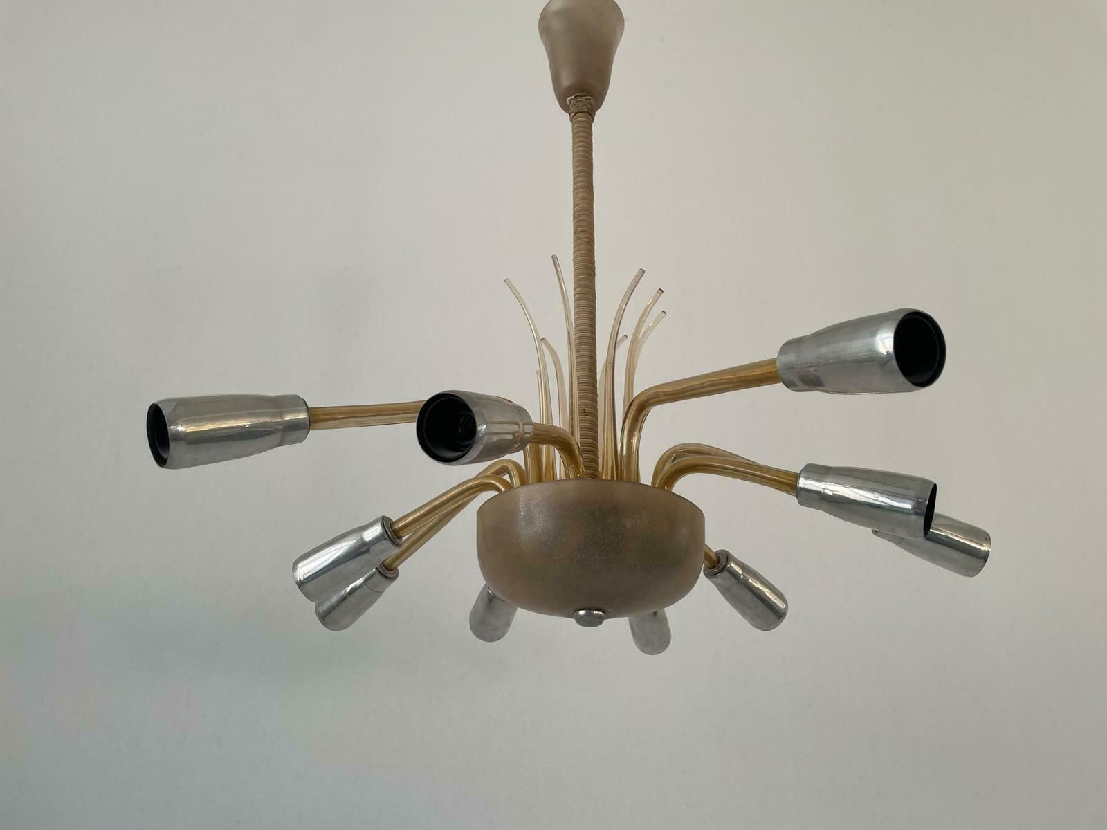 Exceptional 10 Armed Art Deco Style Sputnik Chandelier In Glass And Metal, 40s/50s, Germany photo for sale