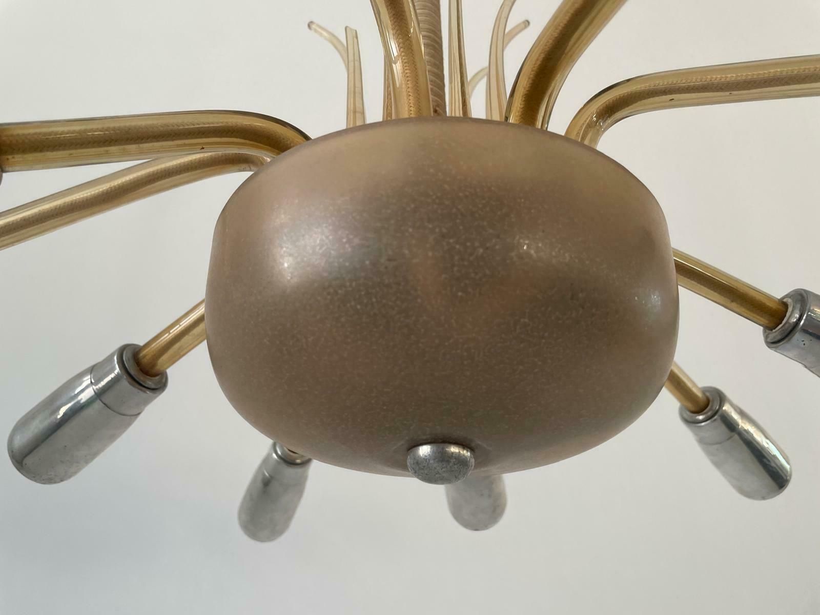 Exceptional 10 Armed Art Deco Style Sputnik Chandelier In Glass And Metal, 40s/50s, Germany photo vinterior