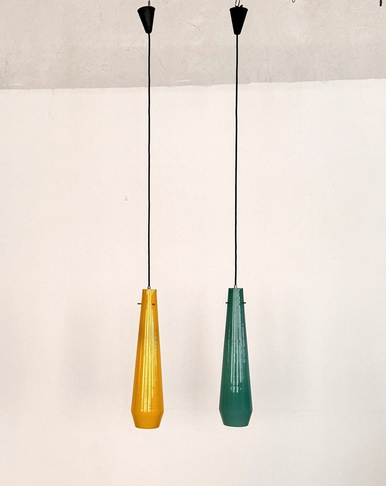Italian Murano Glass Pendants In Green And Yellow By Vistosi, 1970s, Set Of 2 photo Lighting