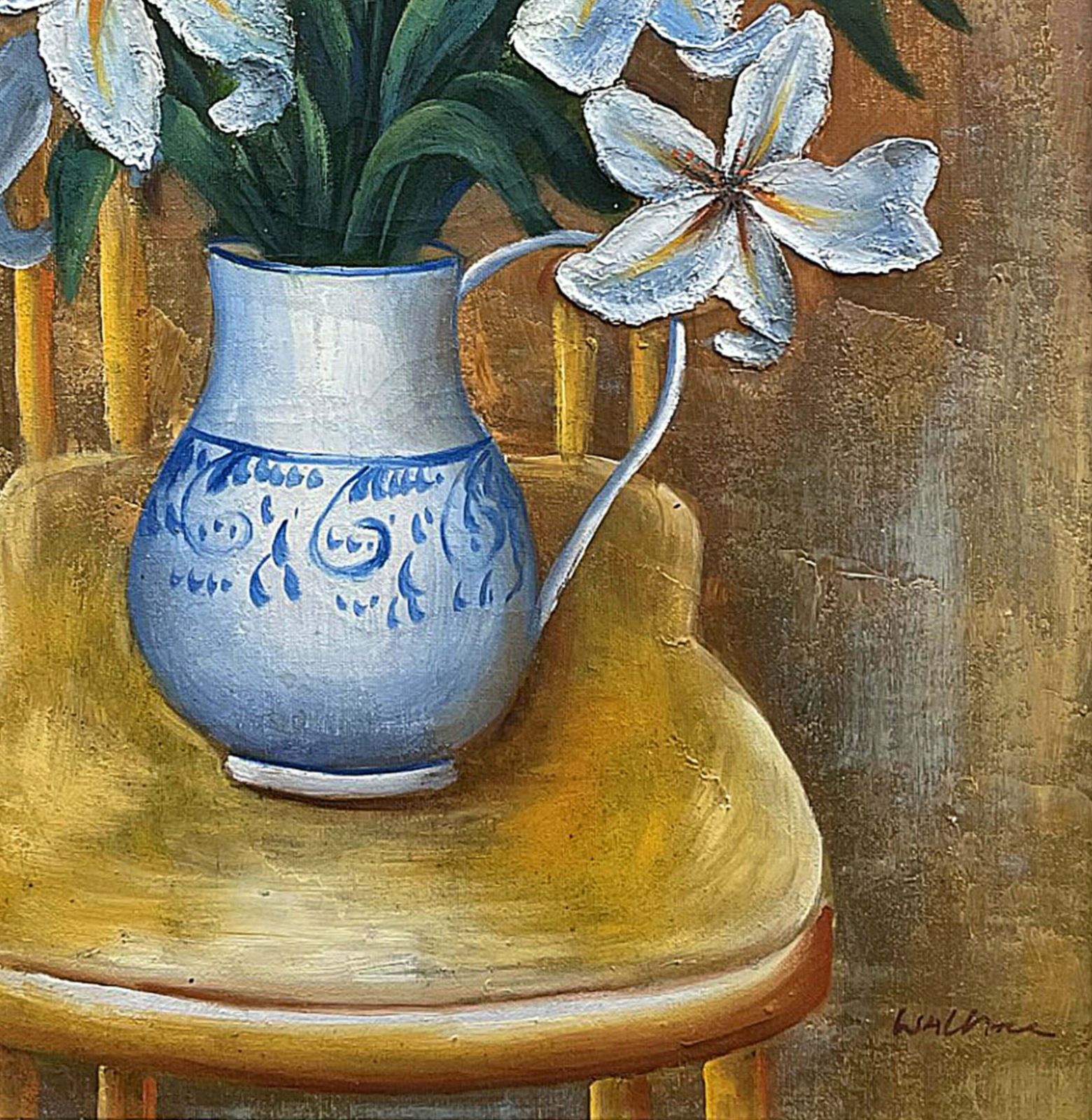 Fine Vintage Mid C20th Floral Oil On Canvas   Lilies In A Blue & White Jug photo Art