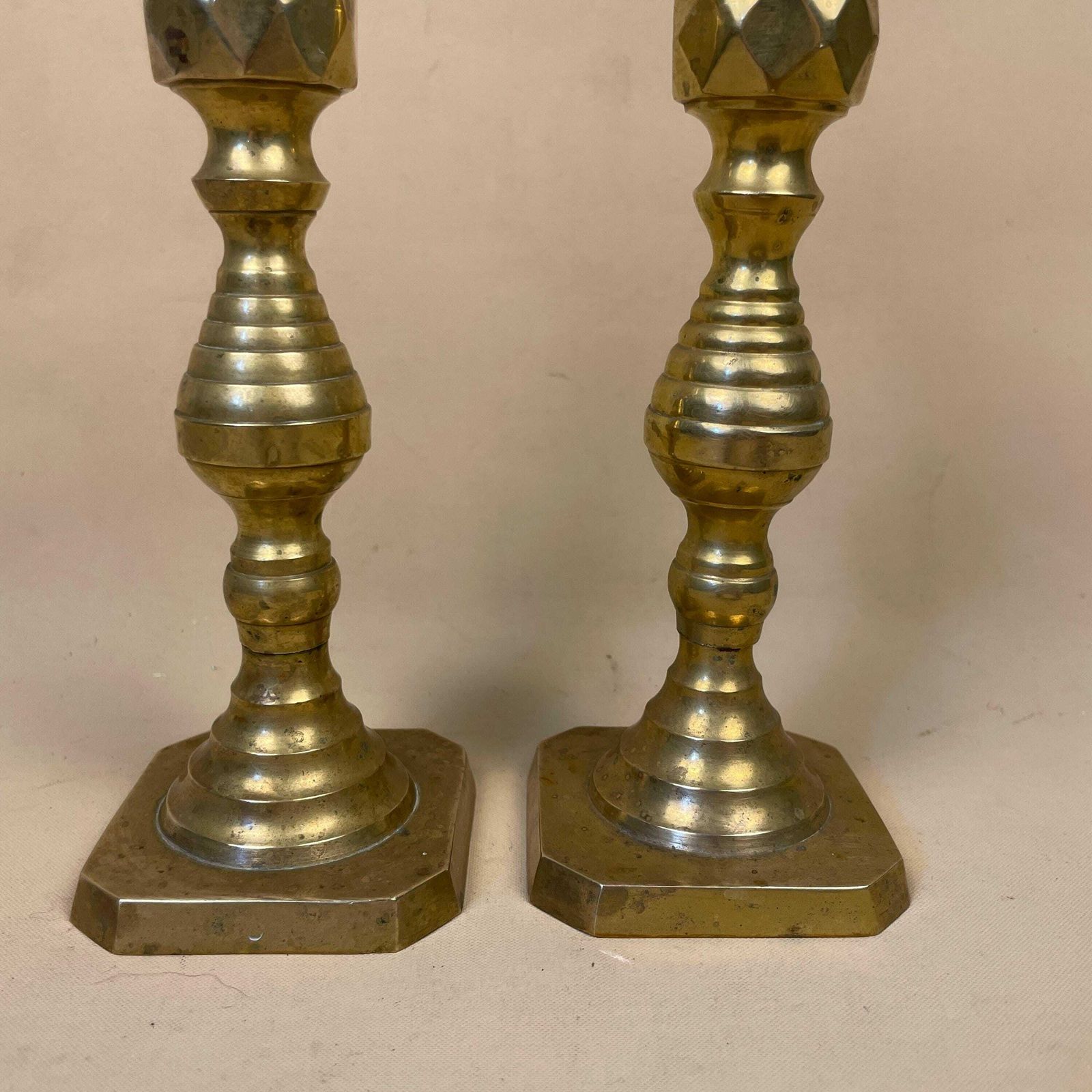 Antique Matching Pair Of Gold Brass Metal Candlestick Candle Stick Vintage Column Taper Dinner Candlesticks Square Base Column Pillar photo Home Decor