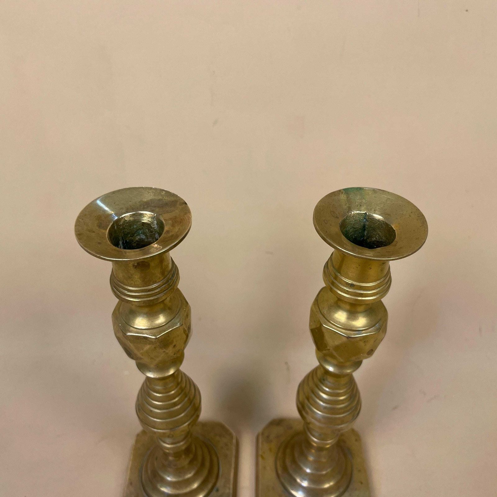 Antique Matching Pair Of Gold Brass Metal Candlestick Candle Stick Vintage Column Taper Dinner Candlesticks Square Base Column Pillar photo 55.0