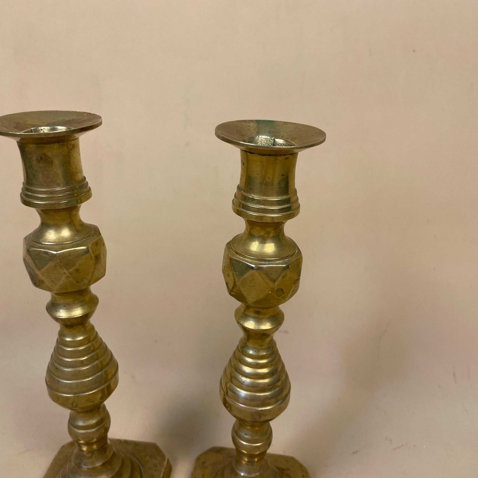Antique Matching Pair Of Gold Brass Metal Candlestick Candle Stick Vintage Column Taper Dinner Candlesticks Square Base Column Pillar photo buy