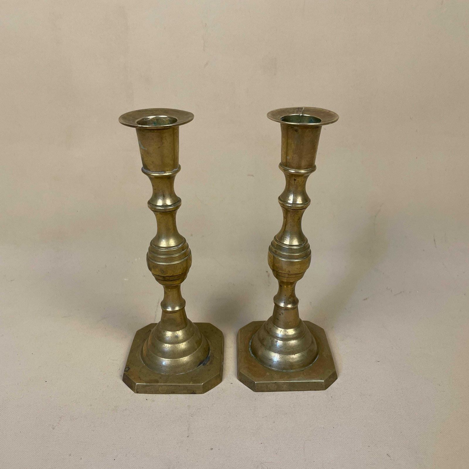Antique Matching Pair Of Gold Brass Metal Candlestick Candle Stick Vintage Column Taper Dinner Candlesticks Square Base Column Pillar photo for sale