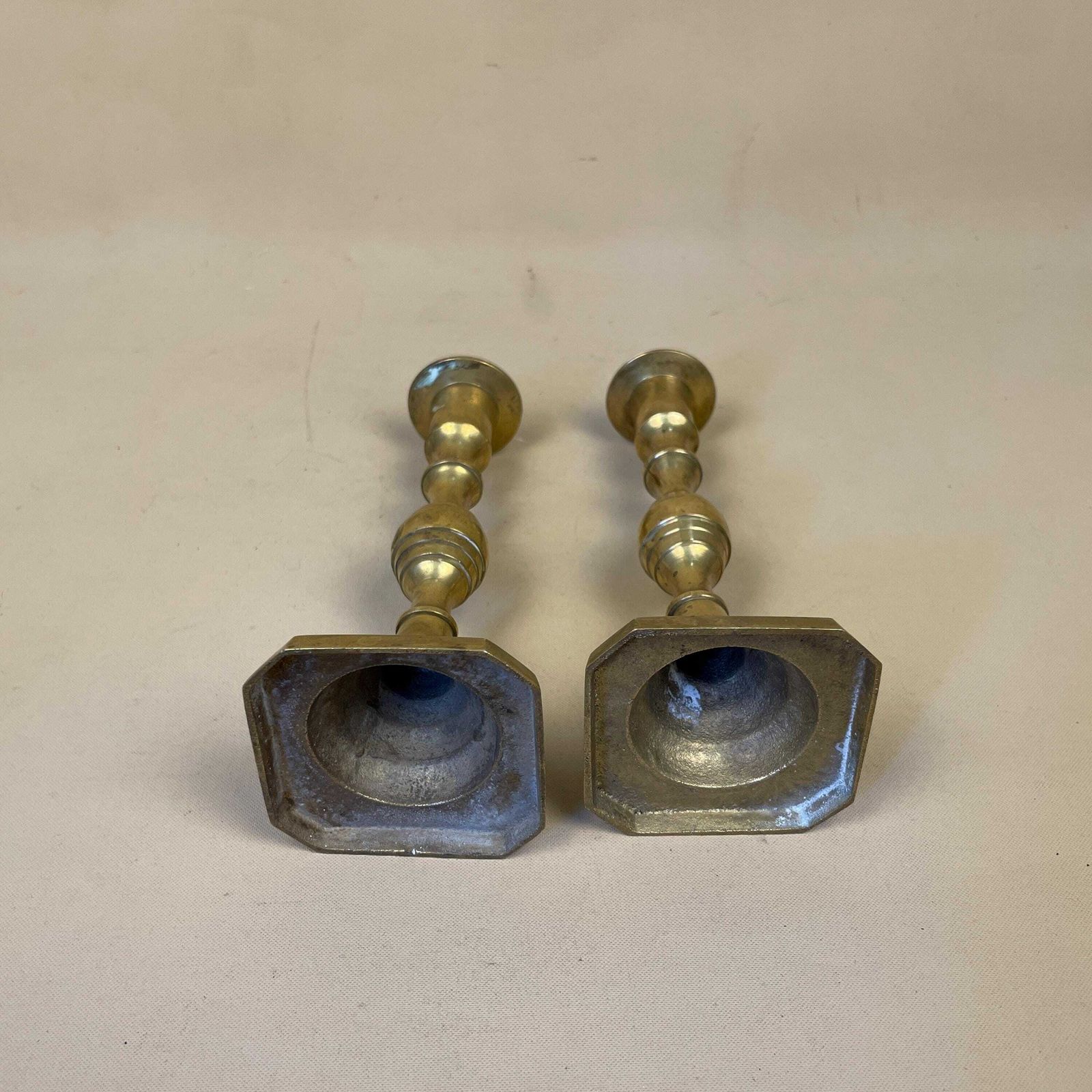 Antique Matching Pair Of Gold Brass Metal Candlestick Candle Stick Vintage Column Taper Dinner Candlesticks Square Base Column Pillar photo vintage