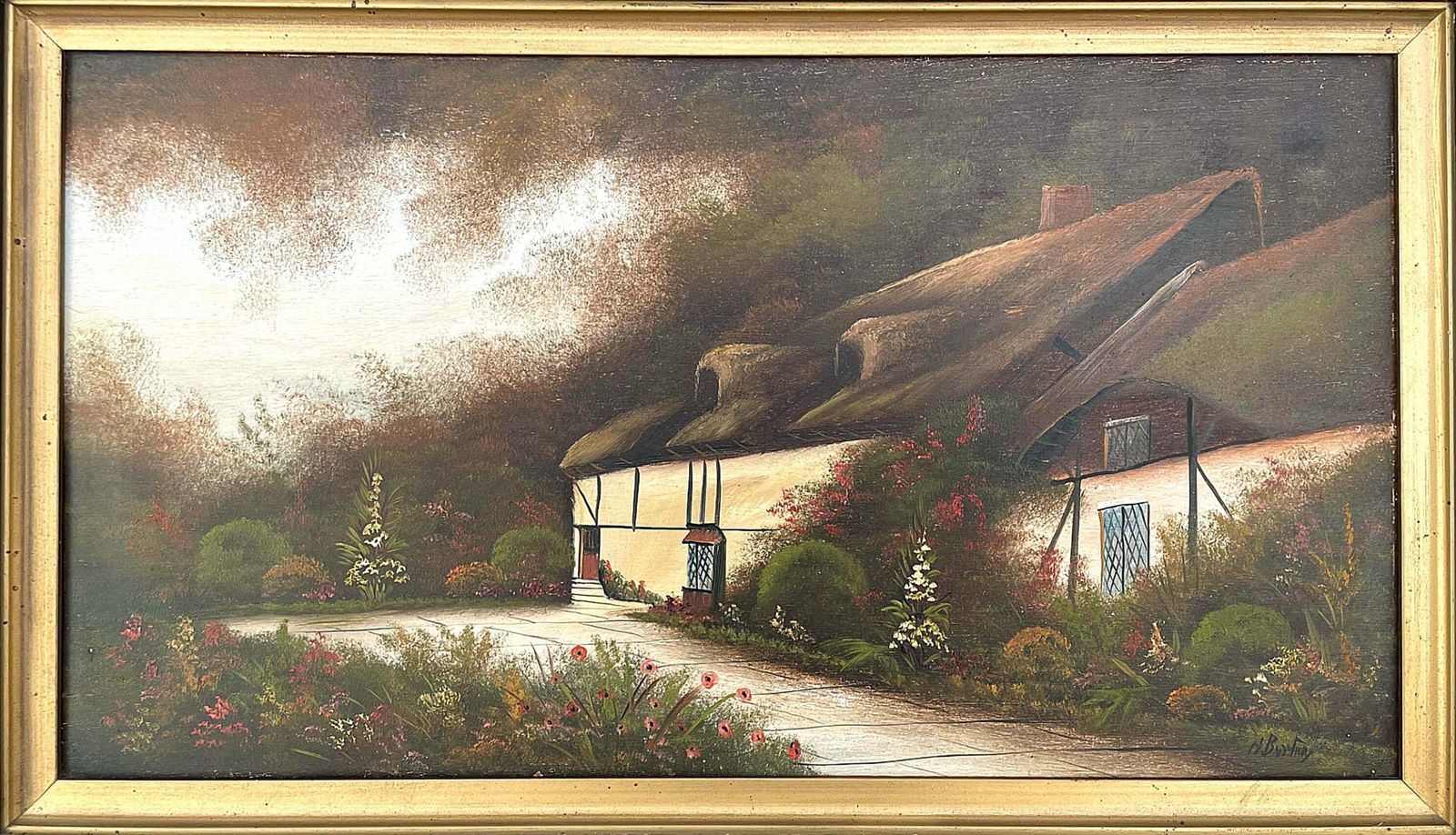 Fine Edwardian Oil On Wood Panel   Thatched Rural Cottage By Hal Burton photo Art