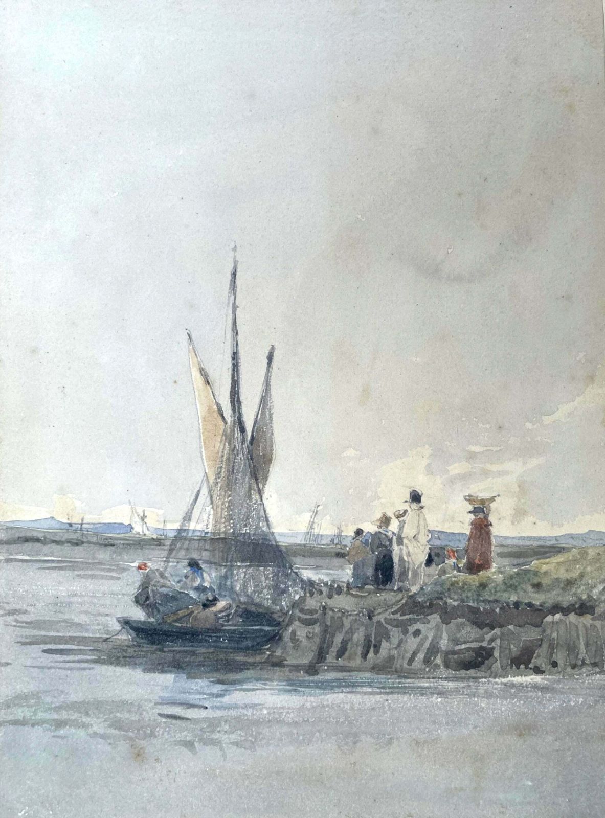 Early C19th Victorian Watercolour   Figures By A Fishing Vessel   James Holland (1799 1870) photo for sale