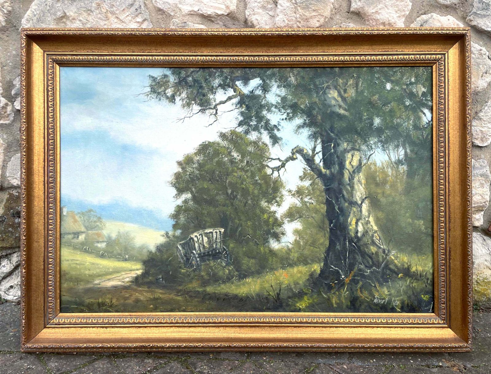 Superb C20th Vintage Oil On Canvas Board   Rural Landscape With A Haycart   Robert Ixer
