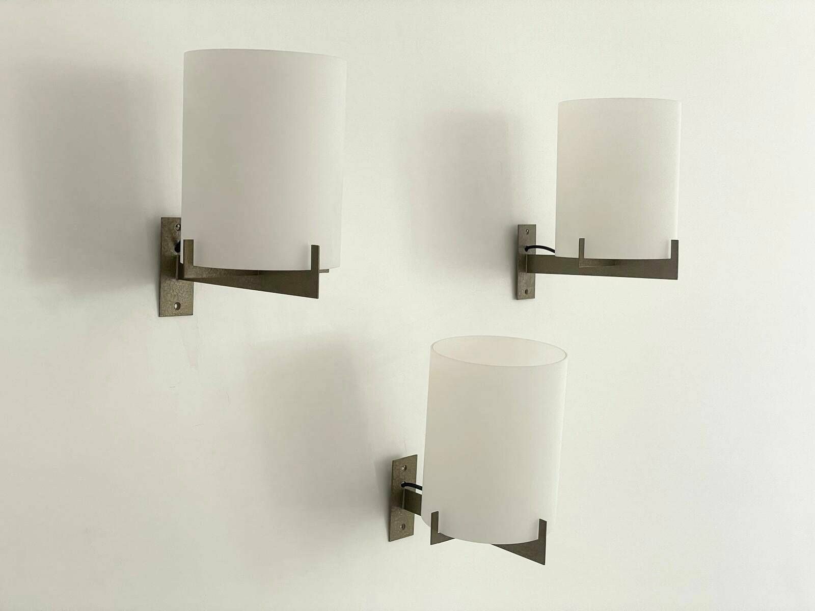 Italian Design Opal Glass Set Of 3 Sconces By Ignazio Gardella For Azucena, 1950s, Italy photo for sale