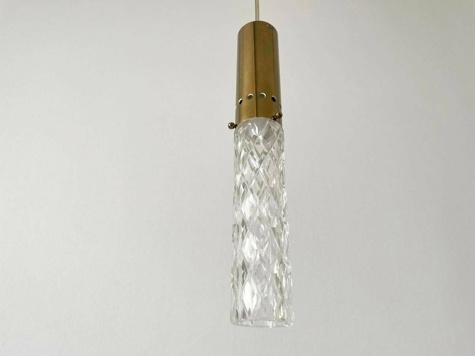 photo for sale Cylindrical Crystal Glass And Brass Luxury Ceiling Lamp By Kaiser Leuchten, 1960s, Germany