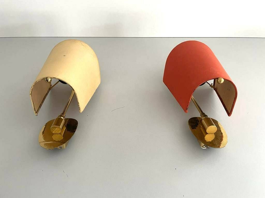 Orange And Yellow Fabric Shade Pair Of Sconces, 1950s, Germany photo for sale