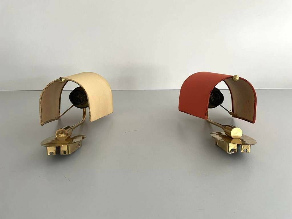 Orange And Yellow Fabric Shade Pair Of Sconces, 1950s, Germany photo vintage