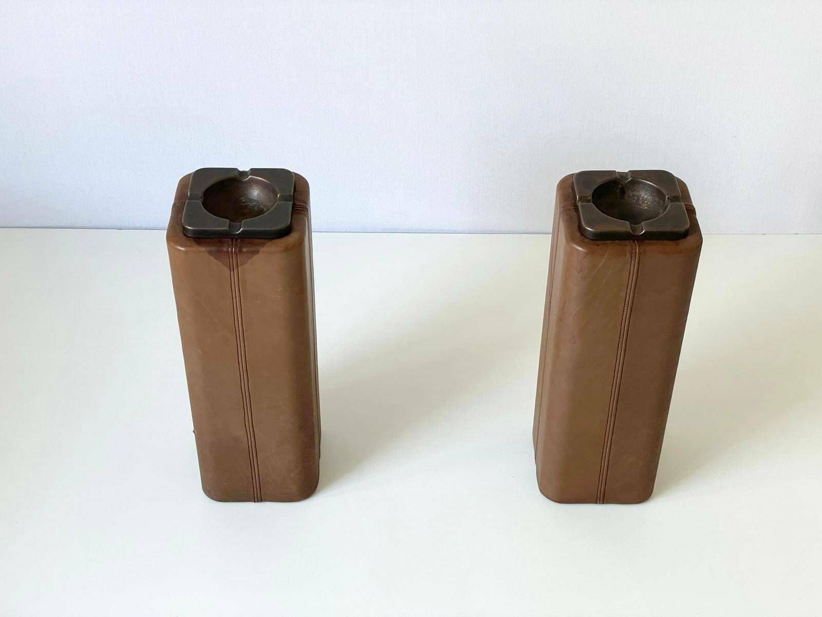 Mid Century Modern Swiss Made Lux Leather Pair Of Floor Ashtrays With Bronze Top, 1960s, Switzerland photo for sale