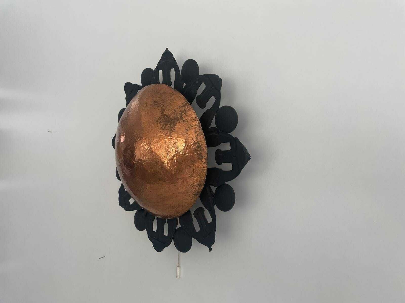 Unusual Black Metal Single Sconce With Round Copper Reflector, 60s, Germa photo for sale