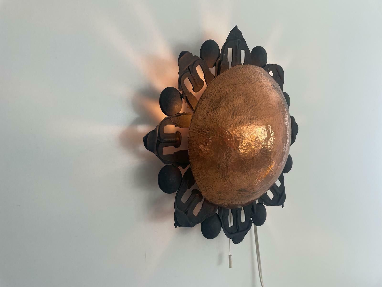 photo furniture Unusual Black Metal Single Sconce With Round Copper Reflector, 60s, Germa
