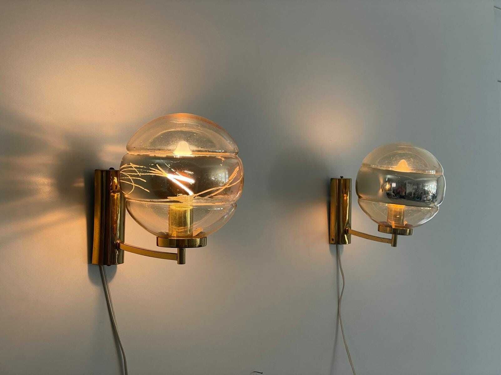Ball Glass And Brass Body Pair Of Sconces By Peill Und Putzler, 1960s, Germany