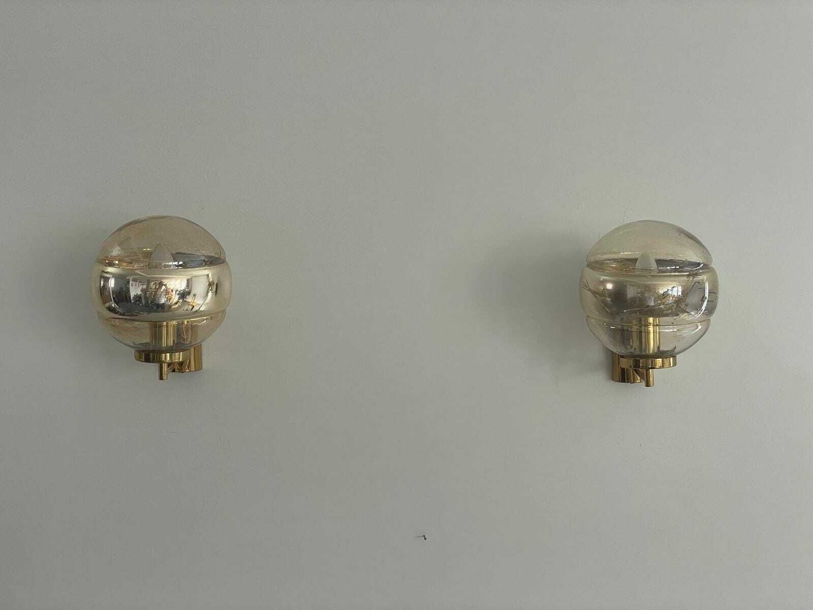 Ball Glass And Brass Body Pair Of Sconces By Peill Und Putzler, 1960s, Germany photo for sale